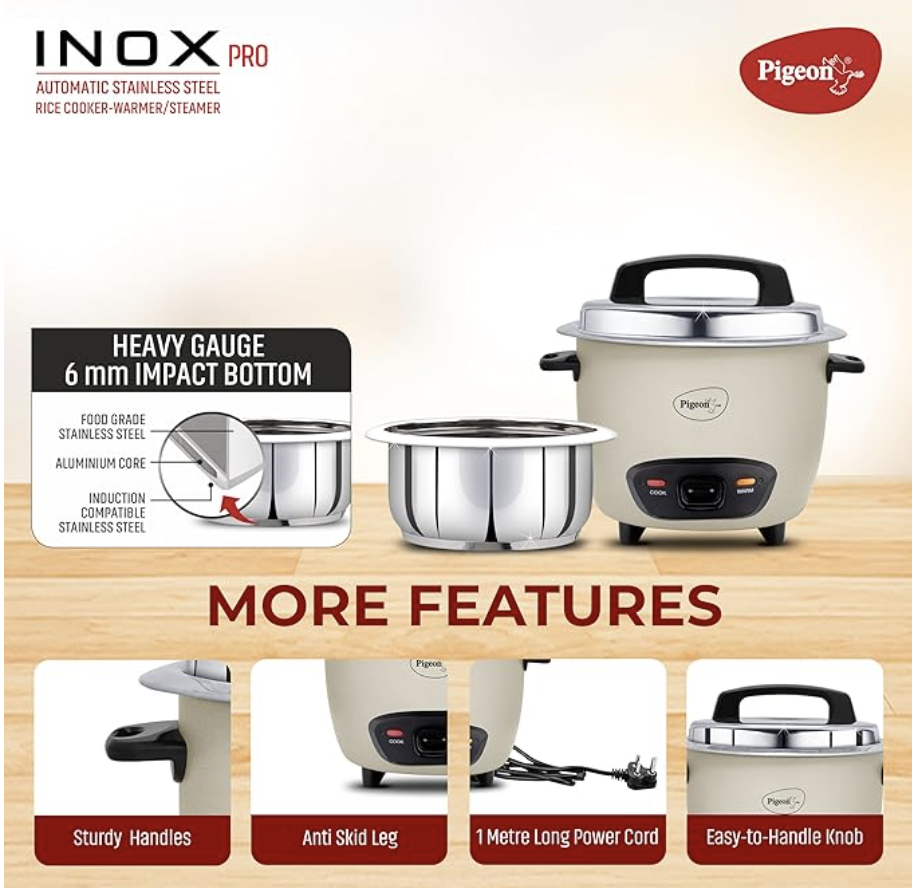 Pigeon Inox Pro Rice Cooker with Steamer, 1 litres | Stainless Steel Lid | 700 Watts | 1 Steel Cooking Pot | Measuring Cup | Spatula | Energy Efficient Cooking (Grey)
