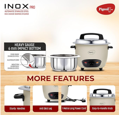 Pigeon Inox Pro Rice Cooker with Steamer, 1 litres | Stainless Steel Lid | 700 Watts | 1 Steel Cooking Pot | Measuring Cup | Spatula | Energy Efficient Cooking (Grey)