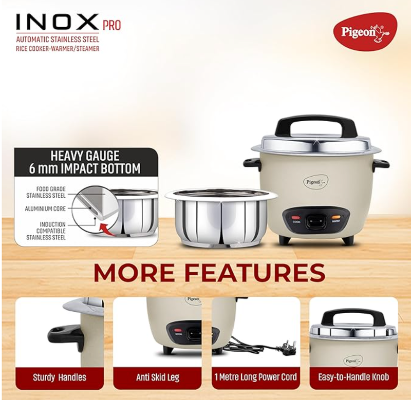 Pigeon Inox Pro Rice Cooker with Steamer, 1 litres | Stainless Steel Lid | 700 Watts | 1 Steel Cooking Pot | Measuring Cup | Spatula | Energy Efficient Cooking (Grey)-2