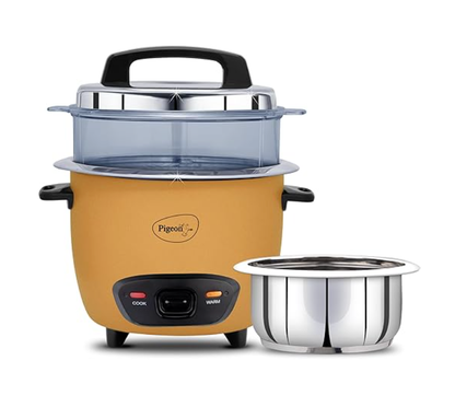 Pigeon Inox Pro Rice Cooker with Steamer, 1 litres | Stainless Steel Lid | 700 Watts | 1 Steel Cooking Pot | Measuring Cup | Spatula | Energy Efficient Cooking (Yellow)