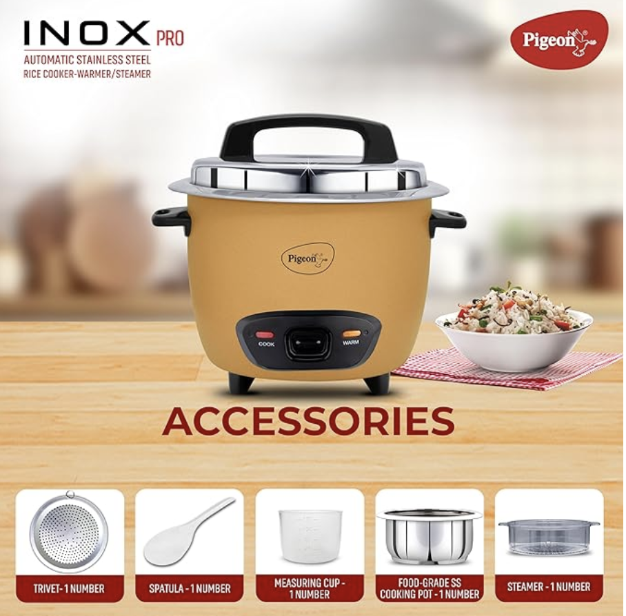 Pigeon Inox Pro Rice Cooker with Steamer, 1 litres | Stainless Steel Lid | 700 Watts | 1 Steel Cooking Pot | Measuring Cup | Spatula | Energy Efficient Cooking (Yellow)