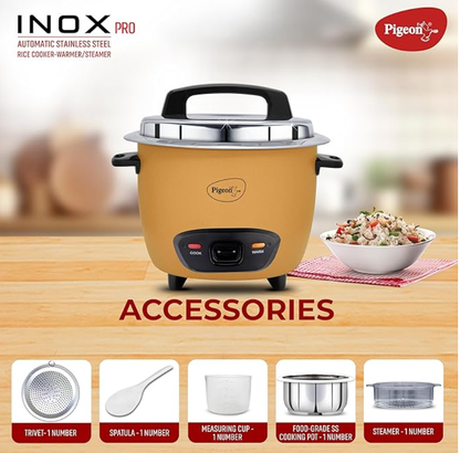 Pigeon Inox Pro Rice Cooker with Steamer, 1 litres | Stainless Steel Lid | 700 Watts | 1 Steel Cooking Pot | Measuring Cup | Spatula | Energy Efficient Cooking (Yellow)