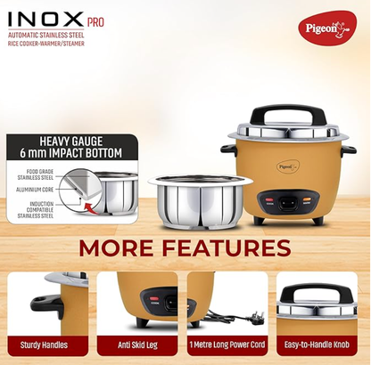Pigeon Inox Pro Rice Cooker with Steamer, 1 litres | Stainless Steel Lid | 700 Watts | 1 Steel Cooking Pot | Measuring Cup | Spatula | Energy Efficient Cooking (Yellow)