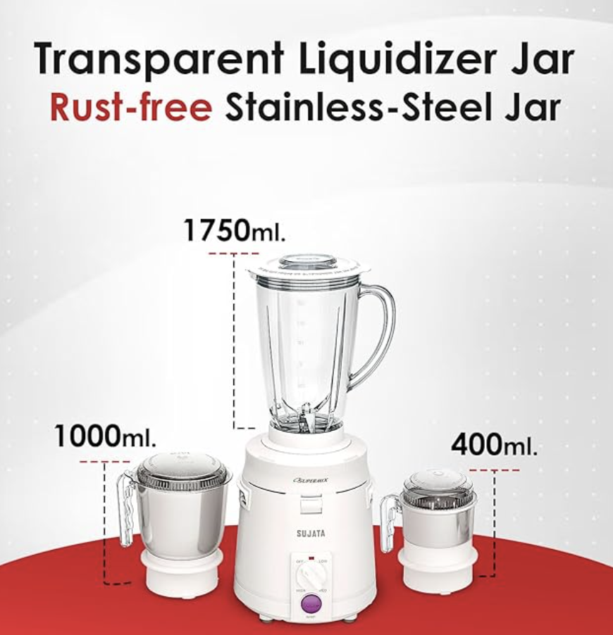 Sujata Supermix 900 Watts Mixer Grinder | 22000 Rotations Per Min | 90 Minutes Continuous Running | 3 Versatile Jars 1750 ml, 1000 ml and 400 ml