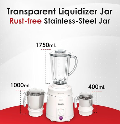 Sujata Supermix 900 Watts Mixer Grinder | 22000 Rotations Per Min | 90 Minutes Continuous Running | 3 Versatile Jars 1750 ml, 1000 ml and 400 ml