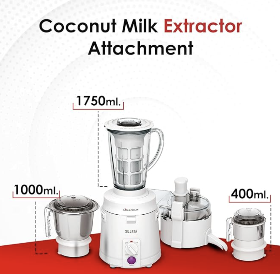Sujata Multimix 900 Watts Mixer Grinder with Juicer | 22000 Rotations Per Min | 90 Minutes Continuous Running | 3 Versatile Jars 1750 ml, 1000 ml and 400 ml | Coconut milk extractor attachment