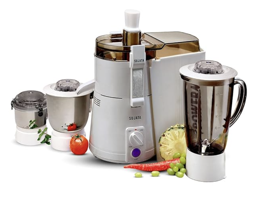 சுஜாதா பவர்மேடிக் மாக்சிமா 900 வாட்ஸ் ஆல்-இன்-ஒன் ஜூஸர் மிக்சர் கிரைண்டர் | நிமிடத்திற்கு 22000 சுழற்சிகள் | 90 நிமிடங்கள் தொடர்ச்சியான இயக்கம் | 3 பல்துறை ஜாடிகள் 1750 மிலி, 1000 மிலி மற்றும் 400 மிலி, வெள்ளை 