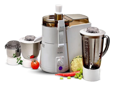 சுஜாதா பவர்மேடிக் மாக்சிமா 900 வாட்ஸ் ஆல்-இன்-ஒன் ஜூஸர் மிக்சர் கிரைண்டர் | நிமிடத்திற்கு 22000 சுழற்சிகள் | 90 நிமிடங்கள் தொடர்ச்சியான இயக்கம் | 3 பல்துறை ஜாடிகள் 1750 மிலி, 1000 மிலி மற்றும் 400 மிலி, வெள்ளை 