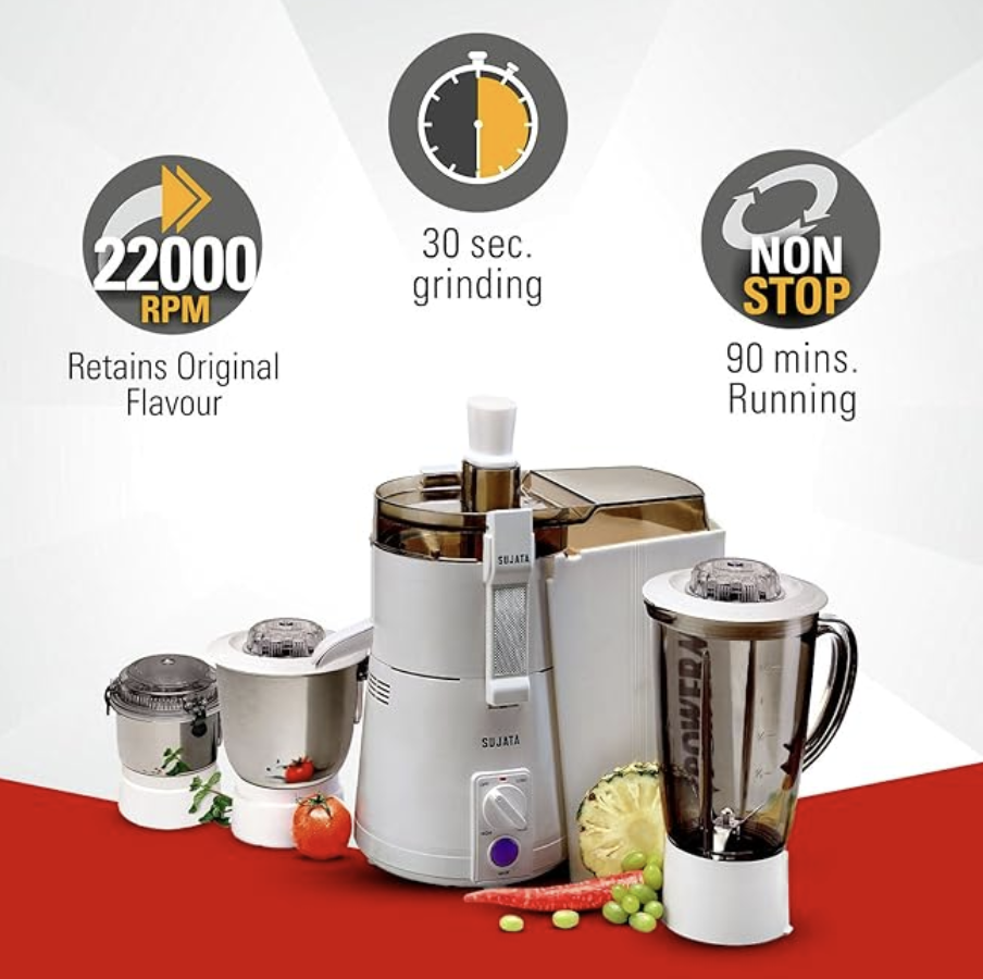 சுஜாதா பவர்மேடிக் மாக்சிமா 900 வாட்ஸ் ஆல்-இன்-ஒன் ஜூஸர் மிக்சர் கிரைண்டர் | நிமிடத்திற்கு 22000 சுழற்சிகள் | 90 நிமிடங்கள் தொடர்ச்சியான இயக்கம் | 3 பல்துறை ஜாடிகள் 1750 மிலி, 1000 மிலி மற்றும் 400 மிலி, வெள்ளை 