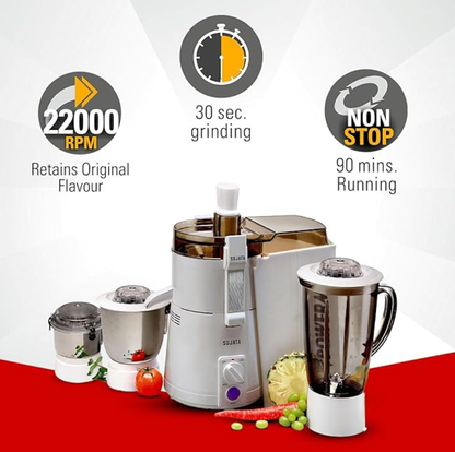 சுஜாதா பவர்மேடிக் மாக்சிமா 900 வாட்ஸ் ஆல்-இன்-ஒன் ஜூஸர் மிக்சர் கிரைண்டர் | நிமிடத்திற்கு 22000 சுழற்சிகள் | 90 நிமிடங்கள் தொடர்ச்சியான இயக்கம் | 3 பல்துறை ஜாடிகள் 1750 மிலி, 1000 மிலி மற்றும் 400 மிலி, வெள்ளை 