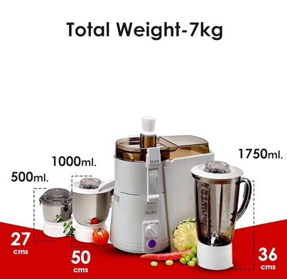 சுஜாதா பவர்மேடிக் மாக்சிமா 900 வாட்ஸ் ஆல்-இன்-ஒன் ஜூஸர் மிக்சர் கிரைண்டர் | நிமிடத்திற்கு 22000 சுழற்சிகள் | 90 நிமிடங்கள் தொடர்ச்சியான இயக்கம் | 3 பல்துறை ஜாடிகள் 1750 மிலி, 1000 மிலி மற்றும் 400 மிலி, வெள்ளை 