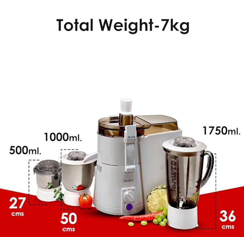 Sujata Powermatic Maxima 900 Watts All-In-One Juicer Mixer Grinder | 22000 Rotations Per Min | 90 Minutes Continuous Running | 3 Versatile Jars 1750 Ml, 1000 Ml And 400 Ml, White-3