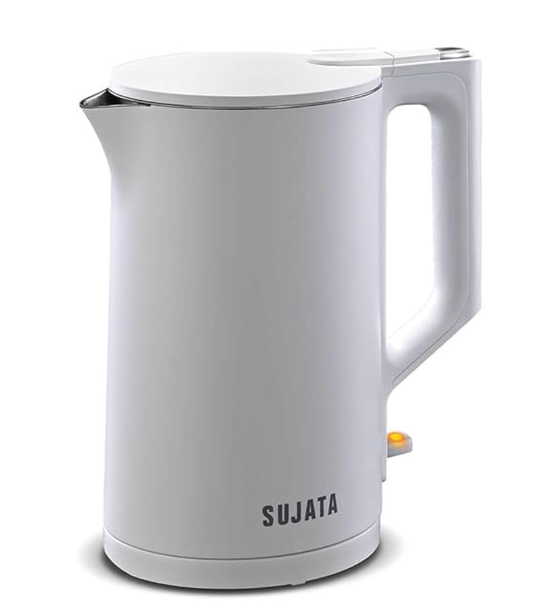 Sujata 1500 W Electric Kettle EK01 White 1.5 Litre | Strix Controller | Cool Touch | 3 Way Auto Shut Off | Stainless Steel | 360 Degree base