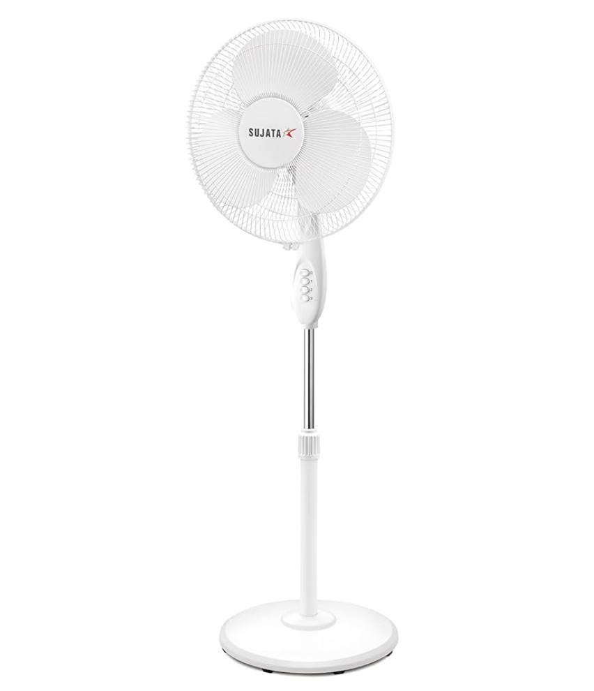 Sujata Pedestal Fan | 2 Years Warranty | 60 Watt, 400 MM Oscillating Stand Fan, Pedestal High Speed with 1350 RPM Motor, Tilt Mechanism, 100% Copper Winding Motor (SPF09 - White)