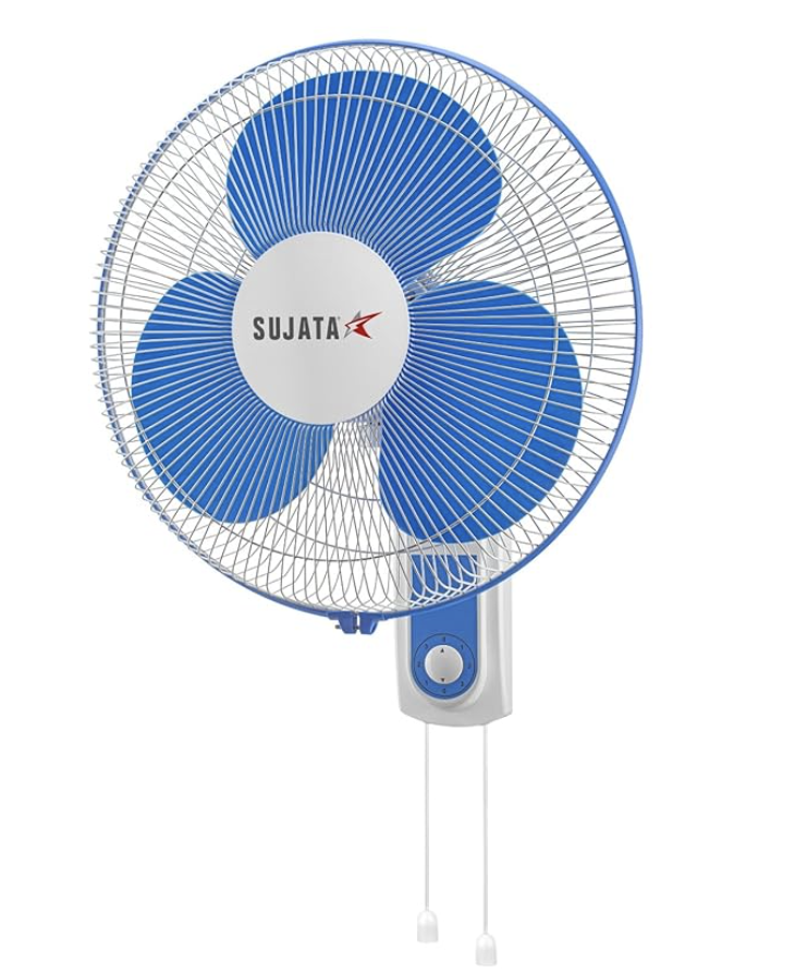 Sujata Wall Fan | 2 Years Warranty | Wall Fans for Home, Wall Fan for Kitchen, Wall Mount Fan with 400 mm Sweep & 100% Copper Motor & 120 Ribs Guard, 3-Speed Control (SWF27-White Blue)