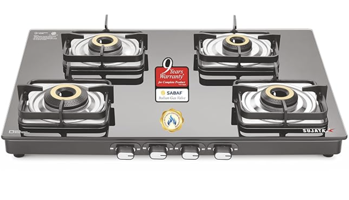 Sujata Classic AI Gas Stove | 9 Years Warranty | 4 Burner Gas Stove Glass Top, Auto Ignition, SABAF, ISI Certified, LPG & PNG Compatible, Jumbo Brass Burner (Black)