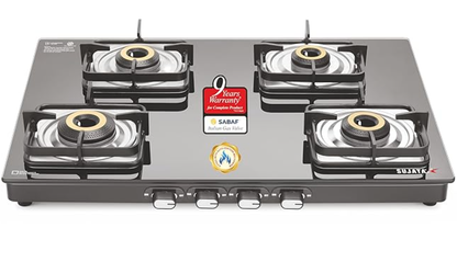 Sujata Classic AI Gas Stove | 9 Years Warranty | 4 Burner Gas Stove Glass Top, Auto Ignition, SABAF, ISI Certified, LPG & PNG Compatible, Jumbo Brass Burner (Black)