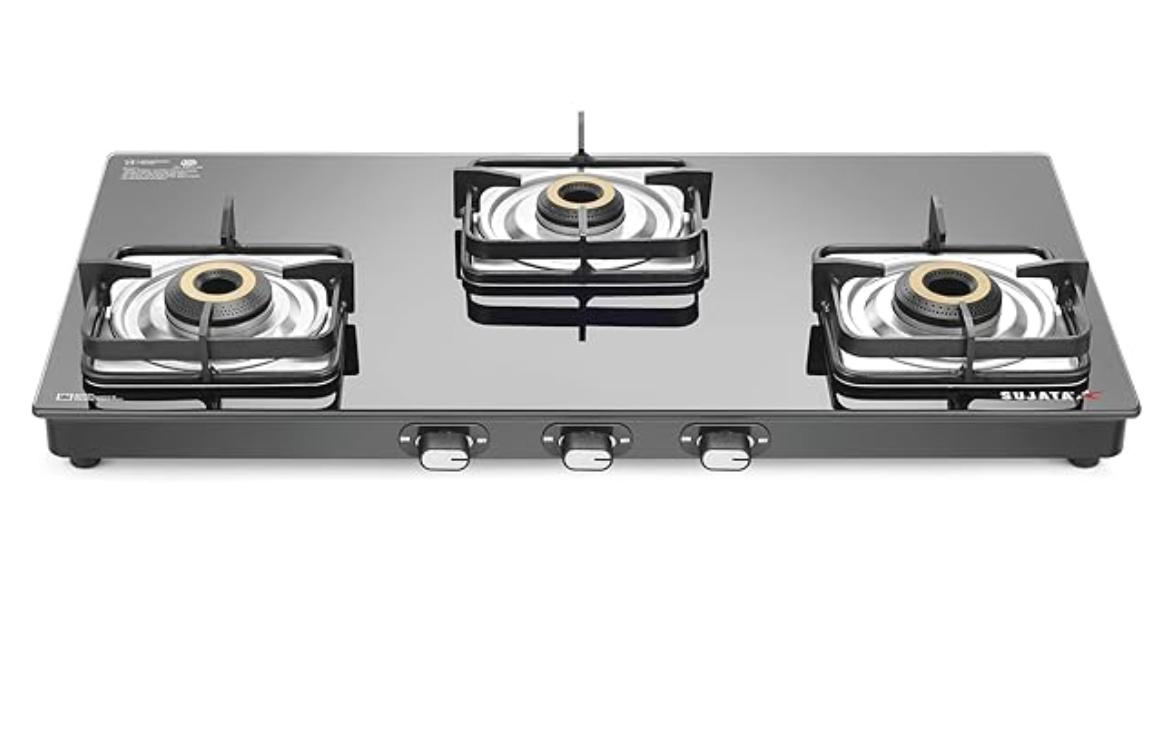 Sujata Classic Gas Stove | 9 Years Warranty | 3 Burner Gas Stove Glass Top, SABAF, ISI Certified, Hob Top, LPG & PNG Compatible, Jumbo Brass Burner (Black)