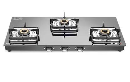 Sujata Classic Gas Stove | 9 Years Warranty | 3 Burner Gas Stove Glass Top, SABAF, ISI Certified, Hob Top, LPG & PNG Compatible, Jumbo Brass Burner (Black)