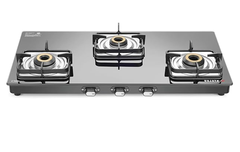 Sujata Classic Gas Stove | 9 Years Warranty | 3 Burner Gas Stove Glass Top, SABAF, ISI Certified, Hob Top, LPG & PNG Compatible, Jumbo Brass Burner (Black)-1