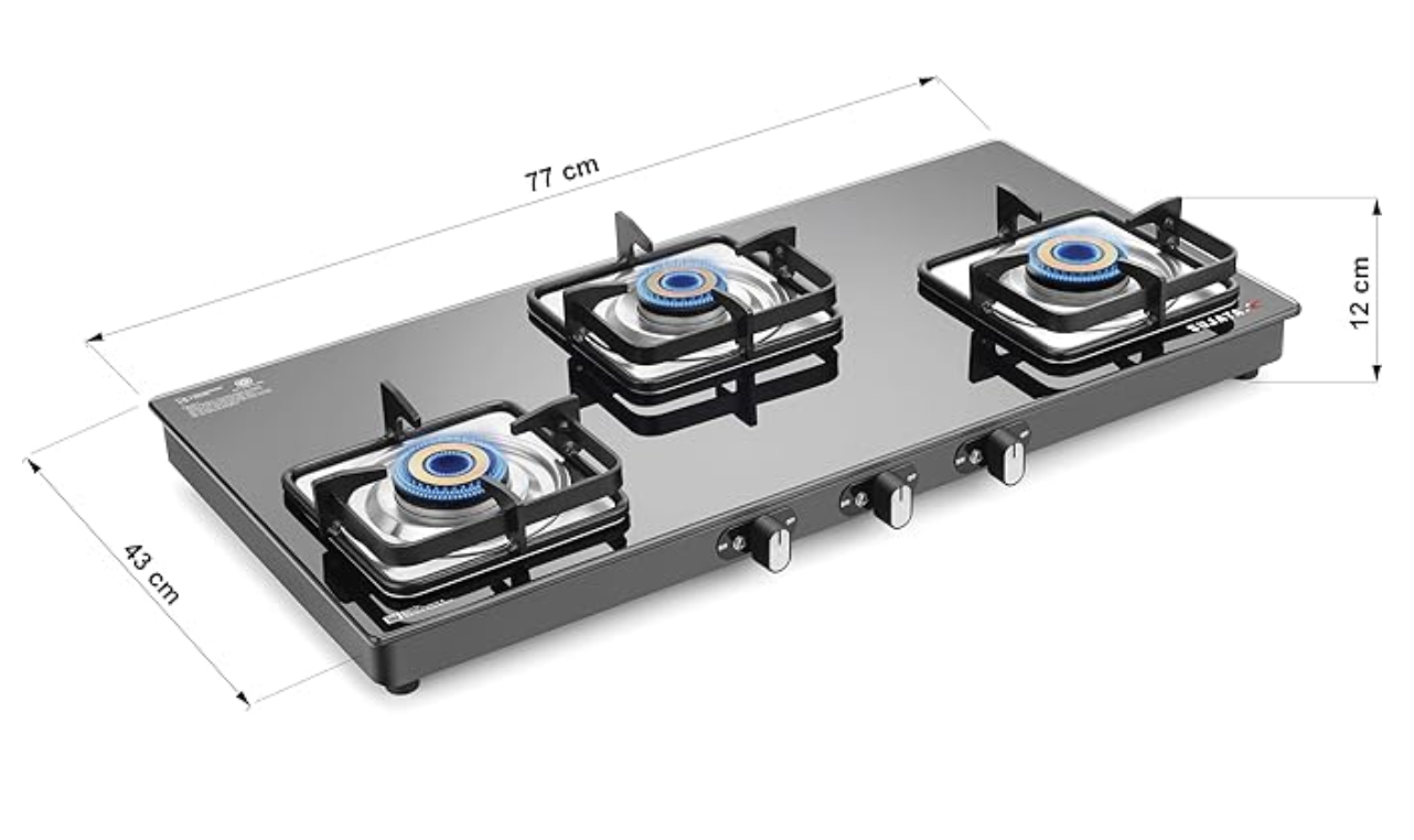 Sujata Classic Gas Stove | 9 Years Warranty | 3 Burner Gas Stove Glass Top, SABAF, ISI Certified, Hob Top, LPG & PNG Compatible, Jumbo Brass Burner (Black)