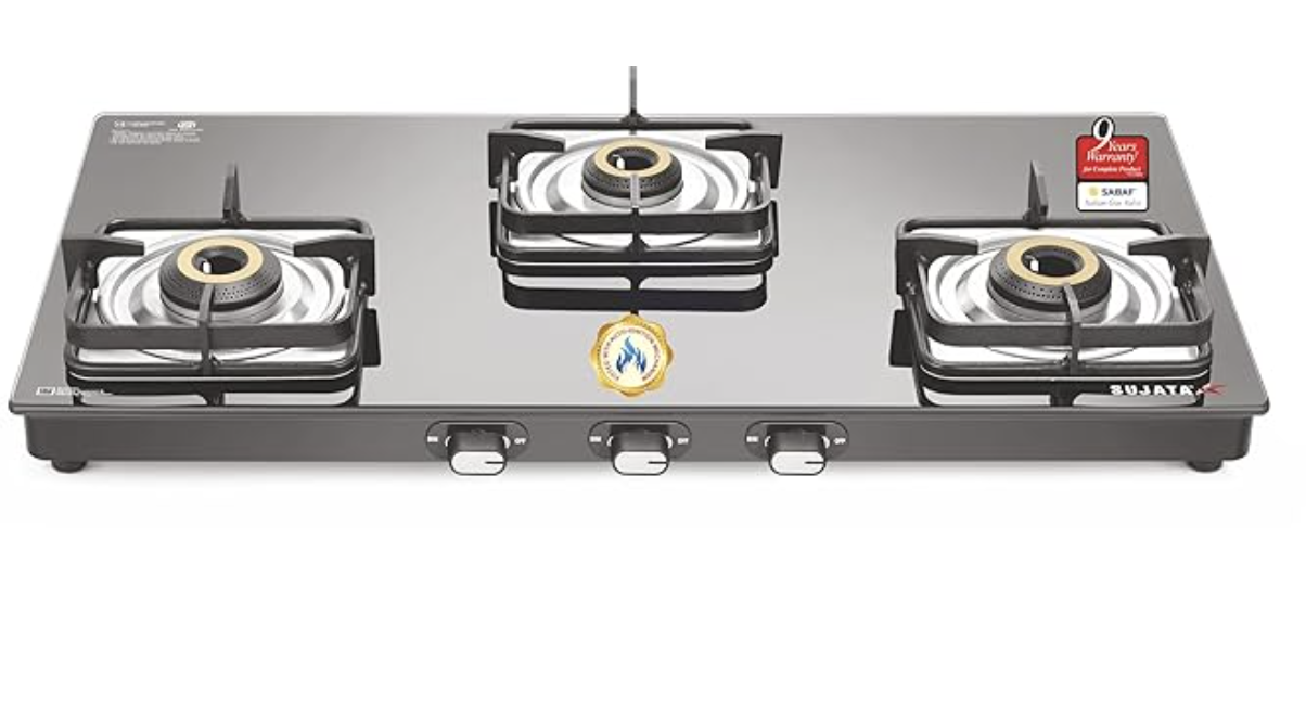 Sujata Classic AI Gas Stove | 9 Years Warranty | 3 Burner Gas Stove Glass Top, Stove 3 Burner, Auto Ignition, SABAF, ISI Certified, LPG & PNG Compatible, Jumbo Brass Burner (Black)