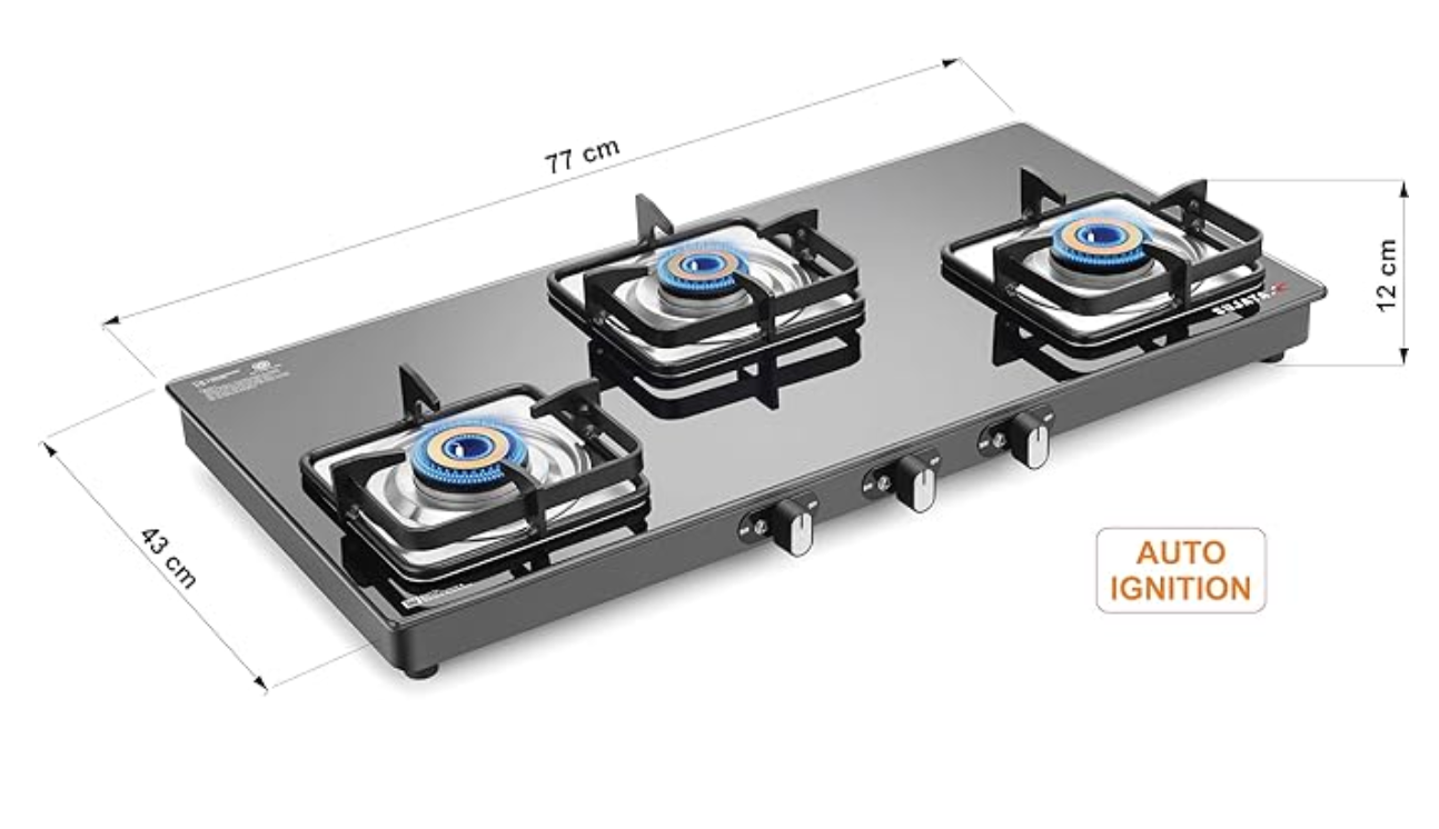 Sujata Classic AI Gas Stove | 9 Years Warranty | 3 Burner Gas Stove Glass Top, Stove 3 Burner, Auto Ignition, SABAF, ISI Certified, LPG & PNG Compatible, Jumbo Brass Burner (Black)