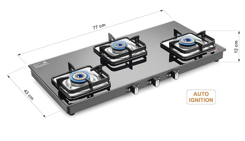 Sujata Classic AI Gas Stove | 9 Years Warranty | 3 Burner Gas Stove Glass Top, Stove 3 Burner, Auto Ignition, SABAF, ISI Certified, LPG & PNG Compatible, Jumbo Brass Burner (Black)-2