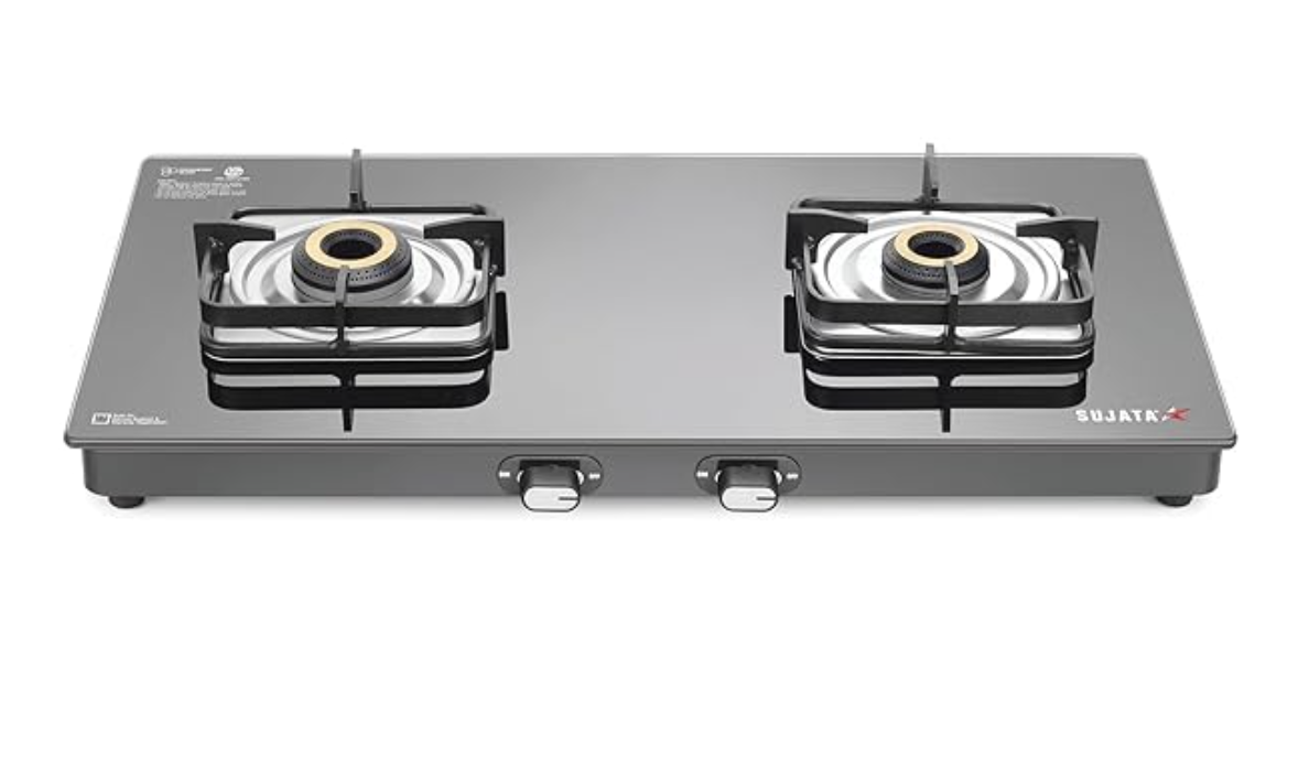 Sujata Classic Gas Stove | 9 Years Warranty | Stove 2 Burner, 2 Burner Gas Stove Glass Top, SABAF, ISI Certified, Hob, LPG & PNG Compatible, Brass Burner (Black)