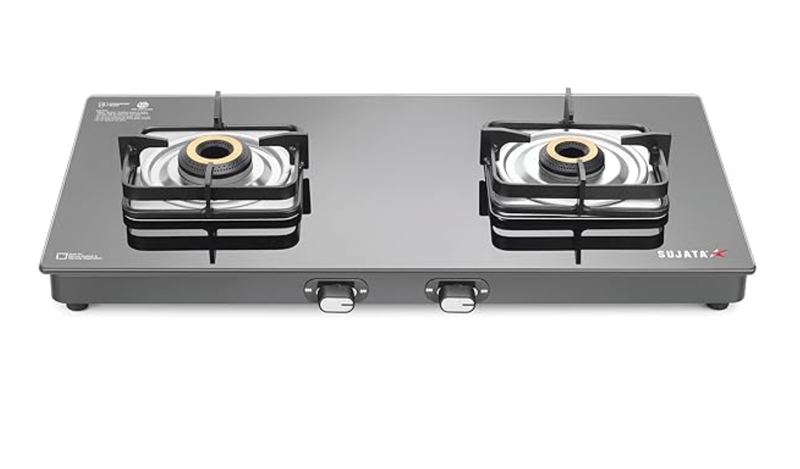 Sujata Classic Gas Stove | 9 Years Warranty | Stove 2 Burner, 2 Burner Gas Stove Glass Top, SABAF, ISI Certified, Hob, LPG & PNG Compatible, Brass Burner (Black)-1