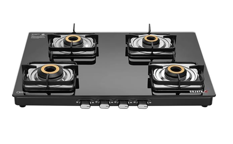Sujata Classic Gas Stove | 9 Years Warranty | 4 Burner Gas Stove Glass Top, SABAF, ISI Certified, Hob Top Stoves, LPG & PNG Compatible, Jumbo Brass Burner (Black)-1