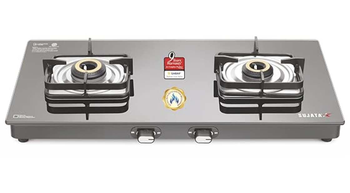 Sujata Classic AI Gas Stove | 9 Years Warranty | Gas Stove 2 Burners Glass Top, Stove 2 Burner, Auto Ignition, SABAF, ISI Certified, LPG & PNG Compatible, Brass Burner (Black)