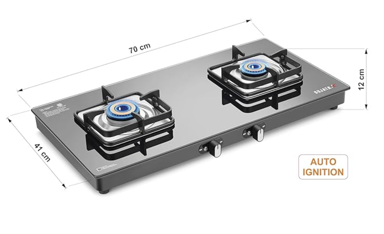 Sujata Classic AI Gas Stove | 9 Years Warranty | Gas Stove 2 Burners Glass Top, Stove 2 Burner, Auto Ignition, SABAF, ISI Certified, LPG & PNG Compatible, Brass Burner (Black)
