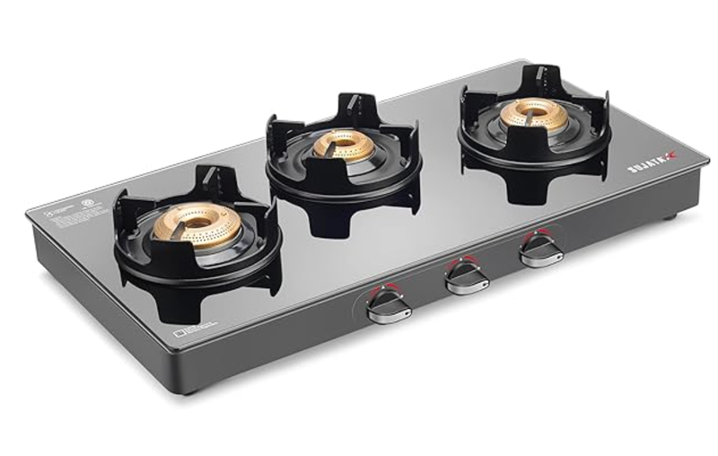 Sujata Deluxe Gas Stove | 9 Years Warranty | 3 Burner Gas Stove Glass Top, Stove 3 Burner, Manual Ignition, SABAF, ISI Certified, Hob Top, LPG & PNG Compatible, Jumbo Brass Burner (Black)-1