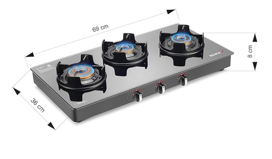 सुजाता डीलक्स गैस स्टोव | 9 साल की वारंटी | 3 बर्नर गैस स्टोव ग्लास टॉप, स्टोव 3 बर्नर, मैनुअल इग्निशन, SABAF, ISI प्रमाणित, हॉब टॉप, LPG और PNG कम्पैटिबल, जंबो ब्रास बर्नर (काला) 