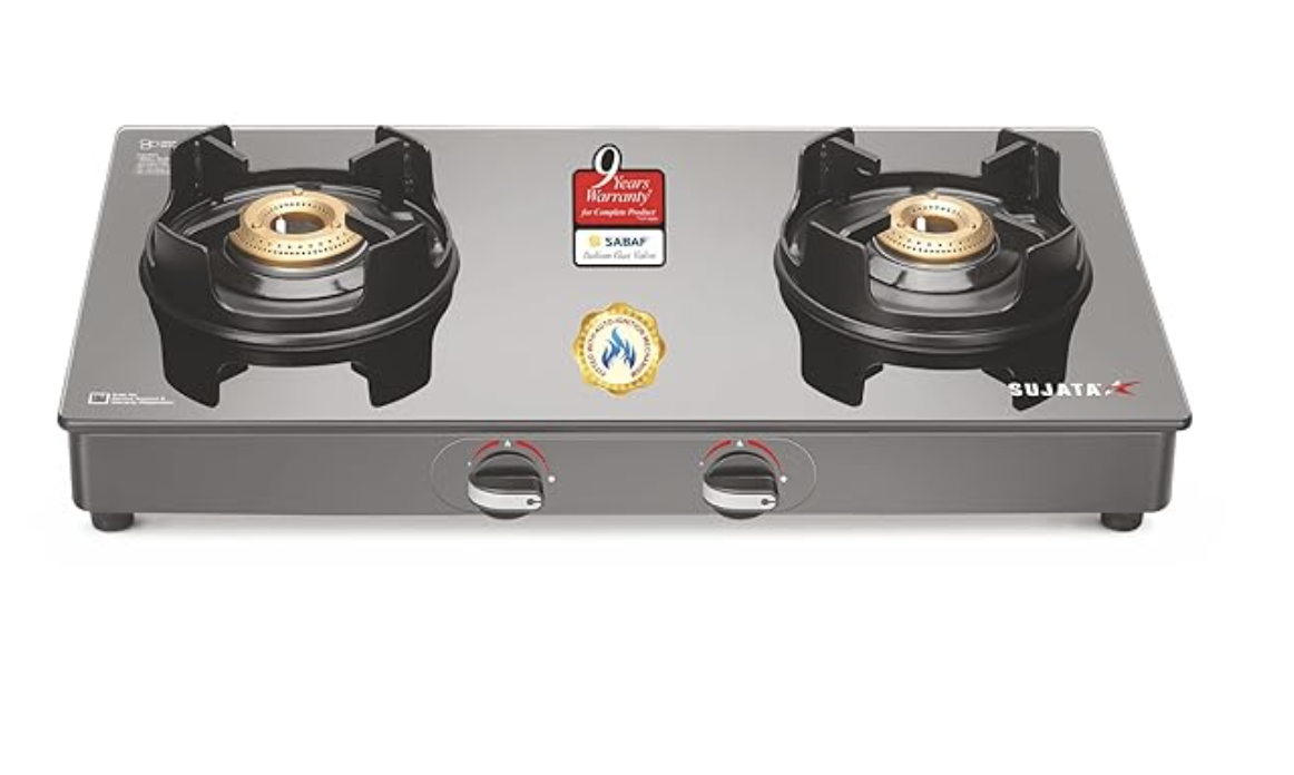 सुजाता डीलक्स गैस स्टोव | 9 साल की वारंटी | स्टोव 2 बर्नर, ऑटो इग्निशन, SABAF, ISI प्रमाणित, ग्लास टॉप, LPG और PNG कम्पैटिबल, पीतल बर्नर (काला) 