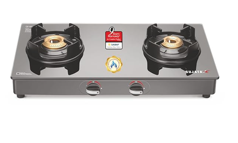 Sujata Deluxe Gas Stove | 9 Years Warranty | Stove 2 Burner, Auto Ignition, SABAF, ISI Certified,Glass Top, LPG & PNG Compatible, Brass Burner (Black)-1