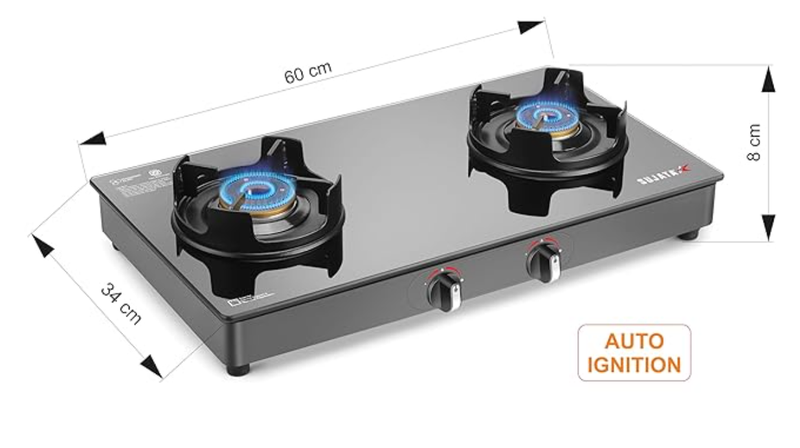 Sujata Deluxe Gas Stove | 9 Years Warranty | Stove 2 Burner, Auto Ignition, SABAF, ISI Certified,Glass Top, LPG & PNG Compatible, Brass Burner (Black)-2