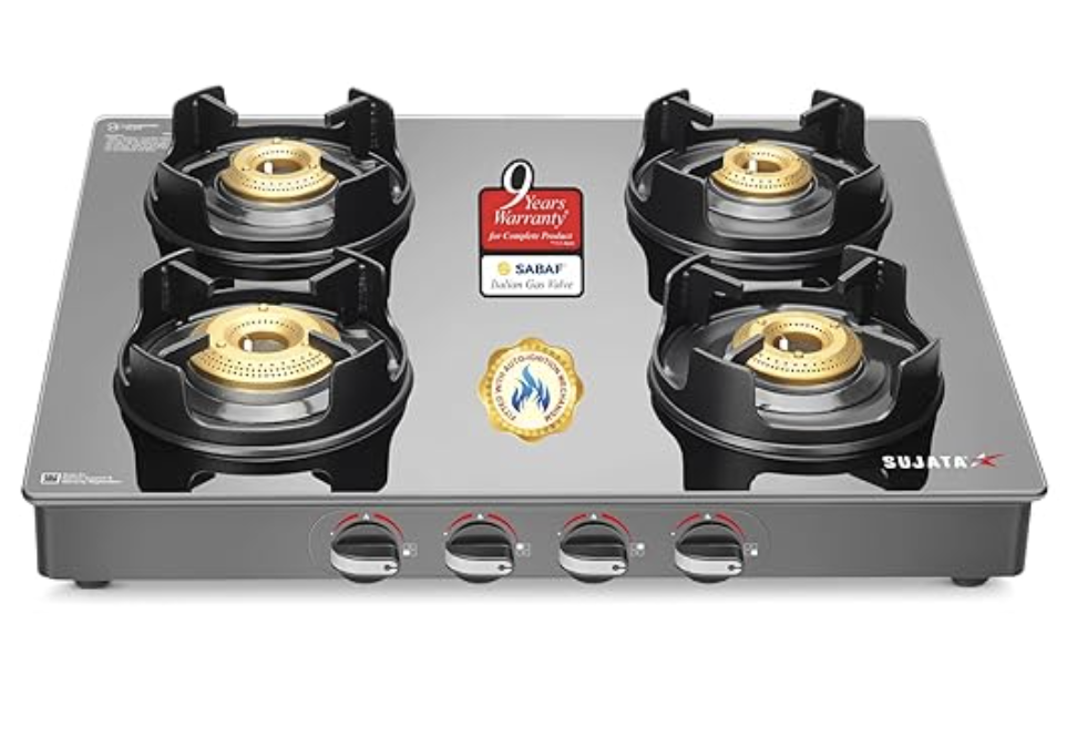 Sujata Deluxe Gas Stove | 9 Years Warranty | 4 Burner Gas Stove Glass Top, Stove 4 Burner Auto Ignition, SABAF, ISI Certified, LPG & PNG Compatible, Jumbo Brass Burner (Black)