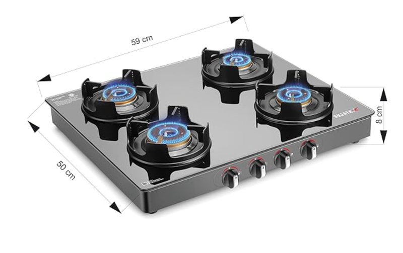 Sujata Deluxe Gas Stove | 9 Years Warranty | 4 Burner Gas Stove Glass Top, Stove 4 Burner Auto Ignition, SABAF, ISI Certified, LPG & PNG Compatible, Jumbo Brass Burner (Black)-2