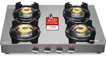 सुजाता डीलक्स गैस स्टोव | 9 साल की वारंटी | 4 बर्नर गैस स्टोव ग्लास टॉप, स्टोव 4 बर्नर, मैनुअल इग्निशन, SABAF, ISI प्रमाणित, हॉब टॉप, LPG और PNG कम्पैटिबल, जंबो ब्रास बर्नर (काला) 