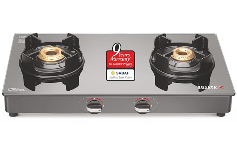 Sujata Deluxe Gas Stove | 9 Years Warranty | Stove 2 Burner, 2 Burner Gas Stove Glass Top, Manual Ignition, SABAF, ISI Certified, Hob, LPG & PNG Compatible, Brass Burner (Black)-1