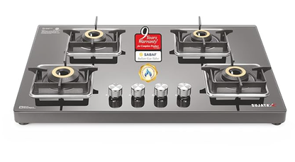 सुजाता प्रीमियम AI गैस स्टोव | 9 साल की वारंटी | गैस स्टोव 4 बर्नर ग्लास टॉप ऑटो इग्निशन, SABAF, ISI प्रमाणित, LPG और PNG कम्पैटिबल, 360° घूमने वाला पीतल गैस नोजल, जंबो पीतल बर्नर (काला) 