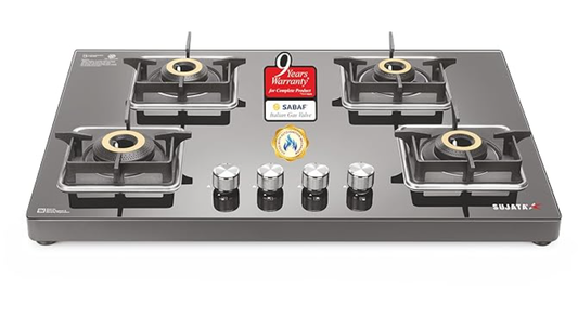 सुजाता प्रीमियम AI गैस स्टोव | 9 साल की वारंटी | गैस स्टोव 4 बर्नर ग्लास टॉप ऑटो इग्निशन, SABAF, ISI प्रमाणित, LPG और PNG कम्पैटिबल, 360° घूमने वाला पीतल गैस नोजल, जंबो पीतल बर्नर (काला) 