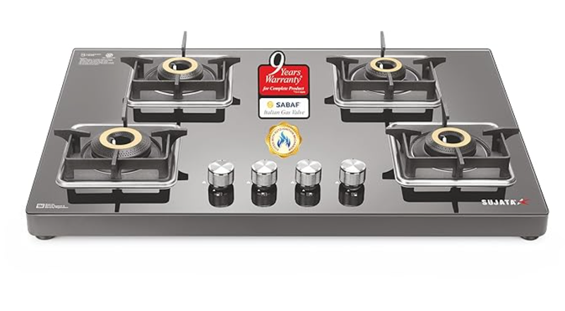 Sujata Premium AI Gas Stove | 9 Years Warranty | Gas Stove 4 Burners Glass Top Auto Ignition, SABAF, ISI Certified, LPG & PNG Compatible, 360° Rotating Brass Gas Nozzle, Jumbo Brass Burner (Black)-1