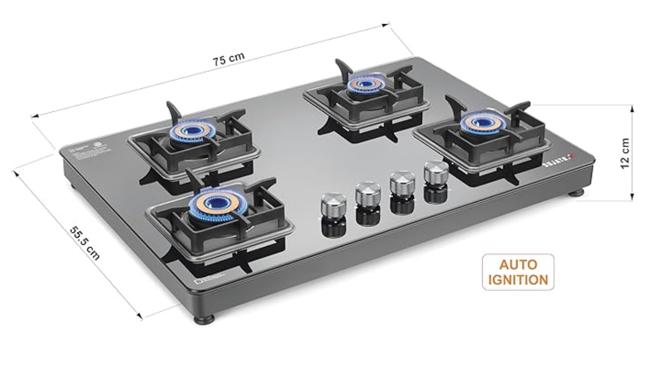 Sujata Premium AI Gas Stove | 9 Years Warranty | Gas Stove 4 Burners Glass Top Auto Ignition, SABAF, ISI Certified, LPG & PNG Compatible, 360° Rotating Brass Gas Nozzle, Jumbo Brass Burner (Black)