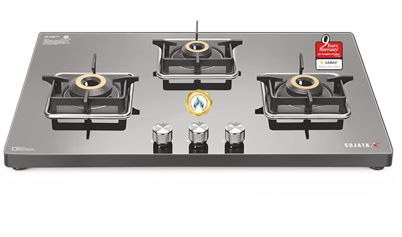 Sujata Premium AI Gas Stove | 9 Years Warranty | Gas Stove 3 Burners Glass Top Auto Ignition, SABAF, ISI Certified, LPG & PNG Compatible, 360° Rotating Brass Gas Nozzle, Jumbo Brass Burner (Black)-1
