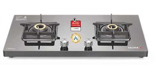 सुजाता प्रीमियम AI गैस स्टोव | 9 साल की वारंटी | गैस स्टोव 2 बर्नर ग्लास टॉप ऑटो इग्निशन, SABAF, ISI प्रमाणित, LPG और PNG कम्पैटिबल, 360° घूमने वाला पीतल गैस नोजल, जंबो पीतल बर्नर (काला) 