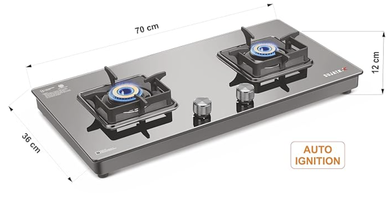 सुजाता प्रीमियम AI गैस स्टोव | 9 साल की वारंटी | गैस स्टोव 2 बर्नर ग्लास टॉप ऑटो इग्निशन, SABAF, ISI प्रमाणित, LPG और PNG कम्पैटिबल, 360° घूमने वाला पीतल गैस नोजल, जंबो पीतल बर्नर (काला) 