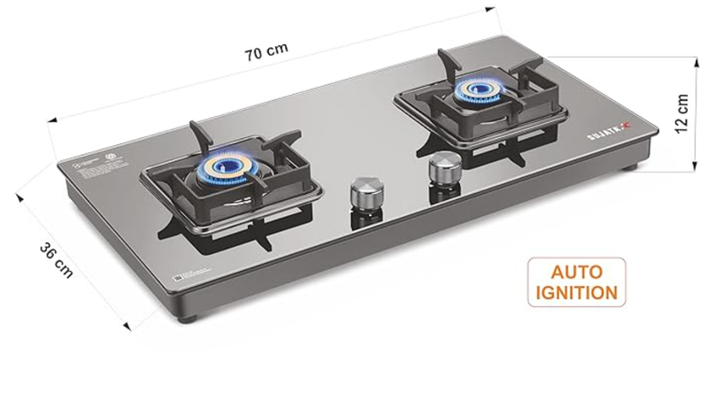 Sujata Premium AI Gas Stove | 9 Years Warranty | Gas Stove 2 Burners Glass Top Auto Ignition, SABAF, ISI Certified, LPG & PNG Compatible, 360° Rotating Brass Gas Nozzle, Jumbo Brass Burner (Black)-2